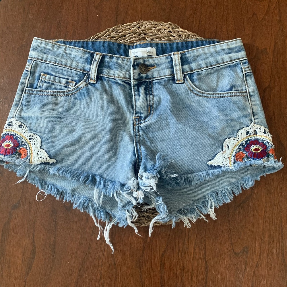 Others Follow Embroidered Denim Frayed Shorts